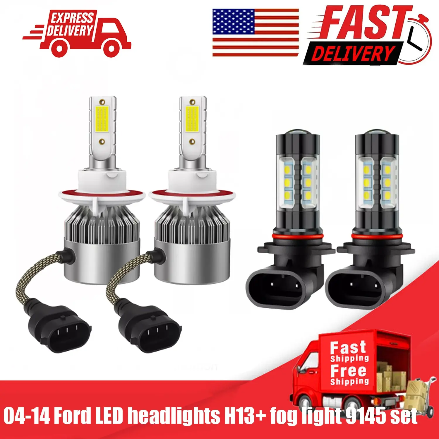 H13 LED Headlight Hi/Lo & 9145 Fog Light 4 Bulbs Combo, 6000K White Lights Compatible with 2004-2014 Ford F-150