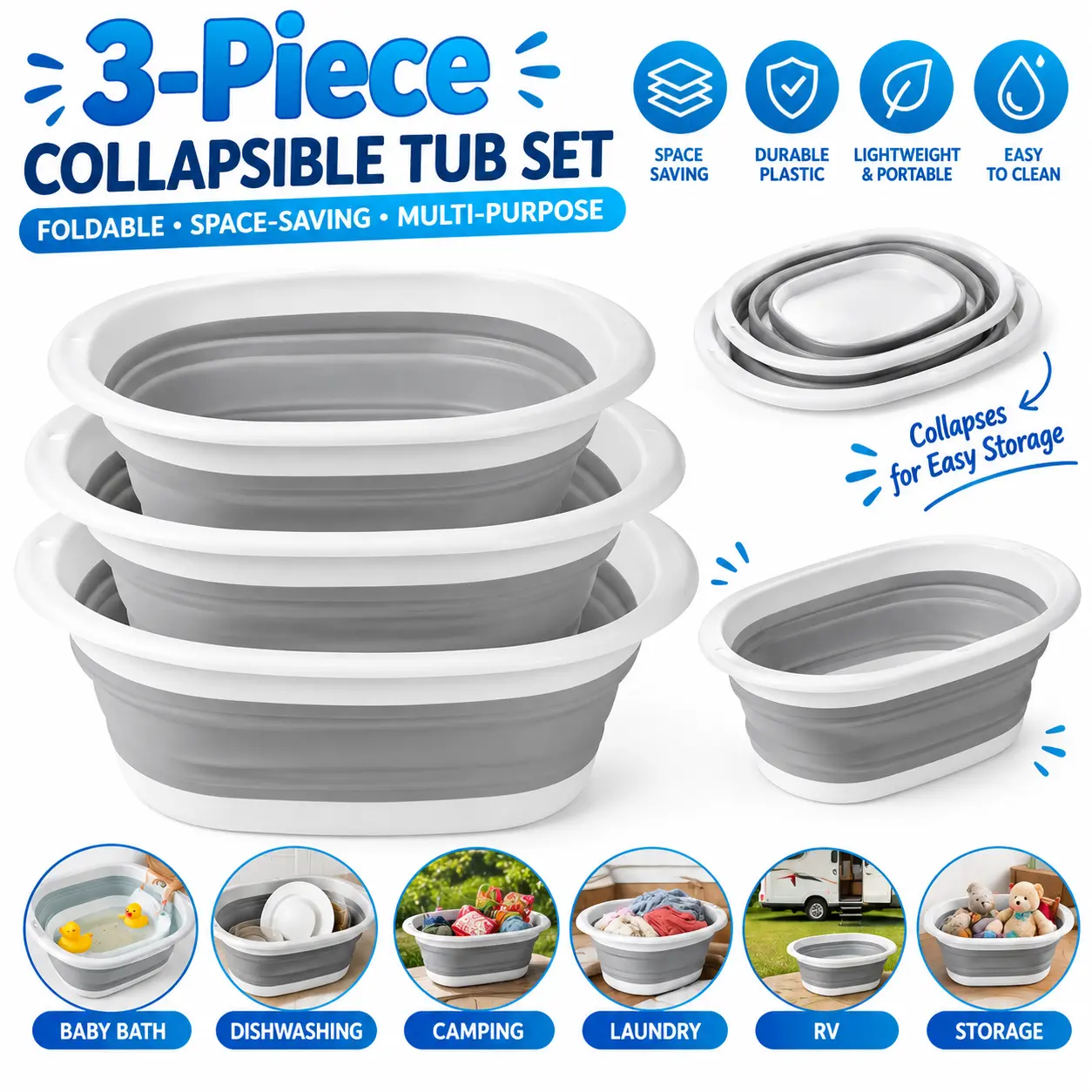 3-Piece Collapsible Tub Set – Foldable Bathtub, Sink & Laundry Basin, Space-Saving Plastic Wash Basins for Baby Bath, Dishwashing, Camping, Laundry, RV & Home Storage