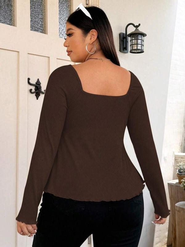 【Plus Size】 Solid Bow Decor Thumb Hole Curved Hem Tee, Plus Casual Long Sleeve T-shirt for Daily Wear, Women Plus Clothing for Fall & Winter, Top