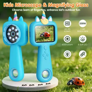 Kids Handheld Digital Microscope & Magnifying Glass, 2-in-1 Unicorn Pink Portable Science Toy for 3-12Y, 600X Zoom 200W HD IPS Screen, 8 Soft LED, Rechargeable 600mAh, Outdoor Nature Exploration & Observation Tool for Boys Girls, Educational Gift