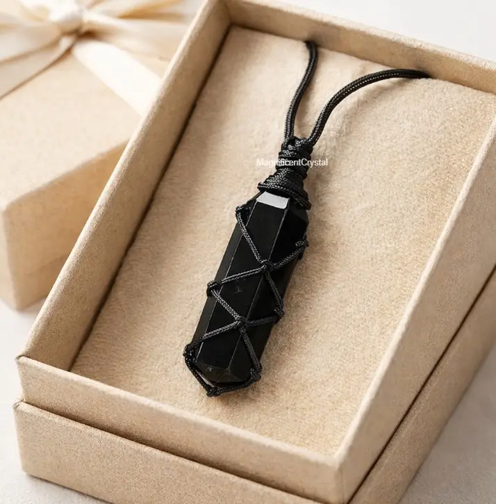 Hand-Wrapped Black Obsidian Geometric Hexagon Point Cord Necklace, Reiki Healing Energy Amulet for Everyday Wear
