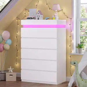 HAUOMS Tall 5 Drawer Dresser with LED Light, White Modern Chest of Drawers for Bedroom,Closet Dressers with Drawers for Living Room, Entryway, Hallway