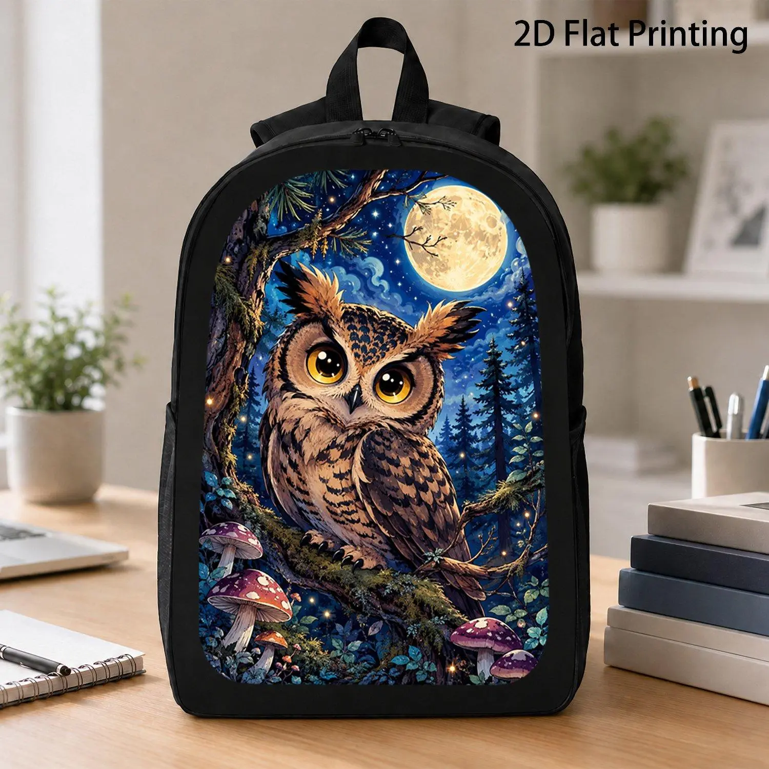 [17 Inch Backpack] 1pc Chibi Owl Full Moon Magic Forest Glowing Mushroom Print Backpack Viral Fantasy Wildlife Art Backpack Comfort Laptop Backpack Multi Purpose Daily Backpack For Teen Animal Admirers