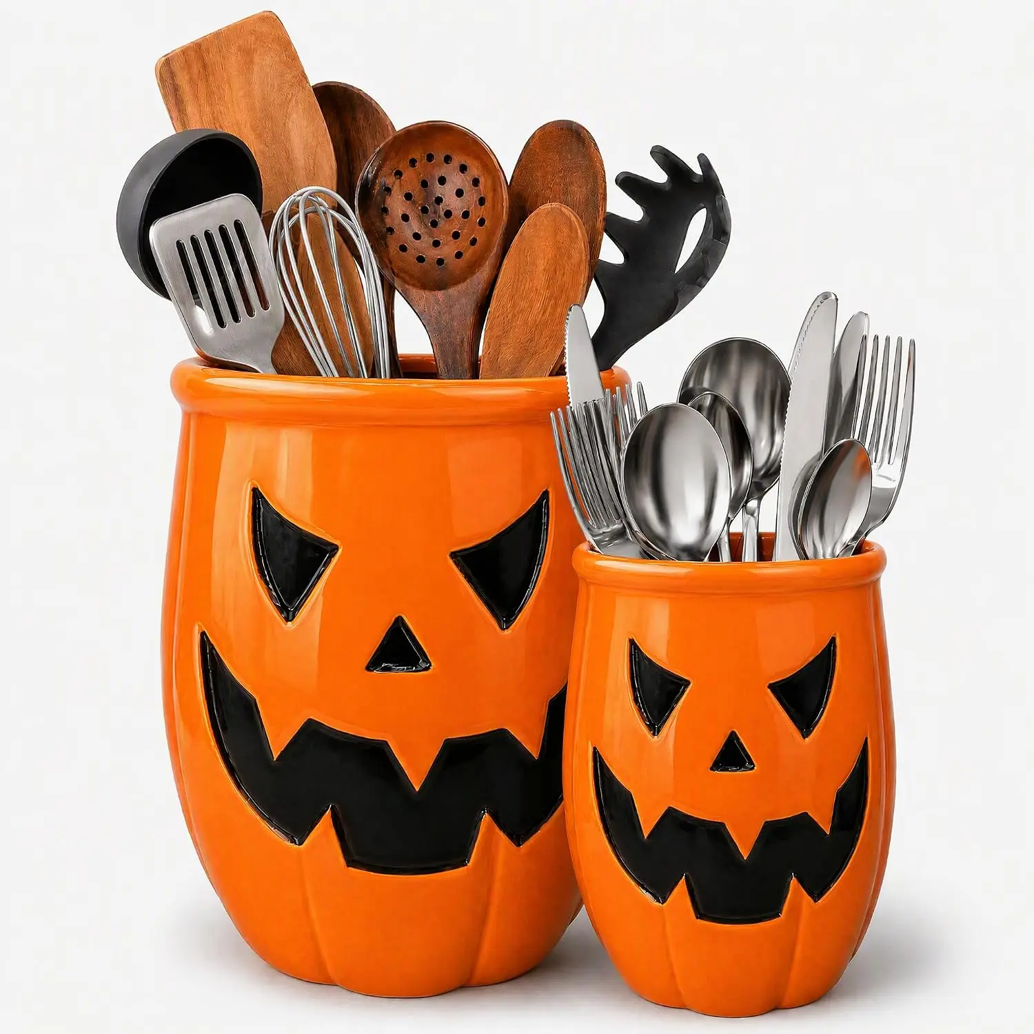 Set of 2 Halloween Ceramic Pumpkin Utensil Crocks, Large Cooking Tool Holder + Small Chopstick Spoon Storage Bucket, Jack O Lantern Kitchen Counter Decor for Halloween Party & Fall Home Decoration