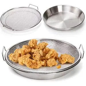 Stainless Steel Heav Duty Frying Oil Draining Rack & Tray, Collapsible-Reusable Round Wire Mesh Basket with Draining Tray L219
