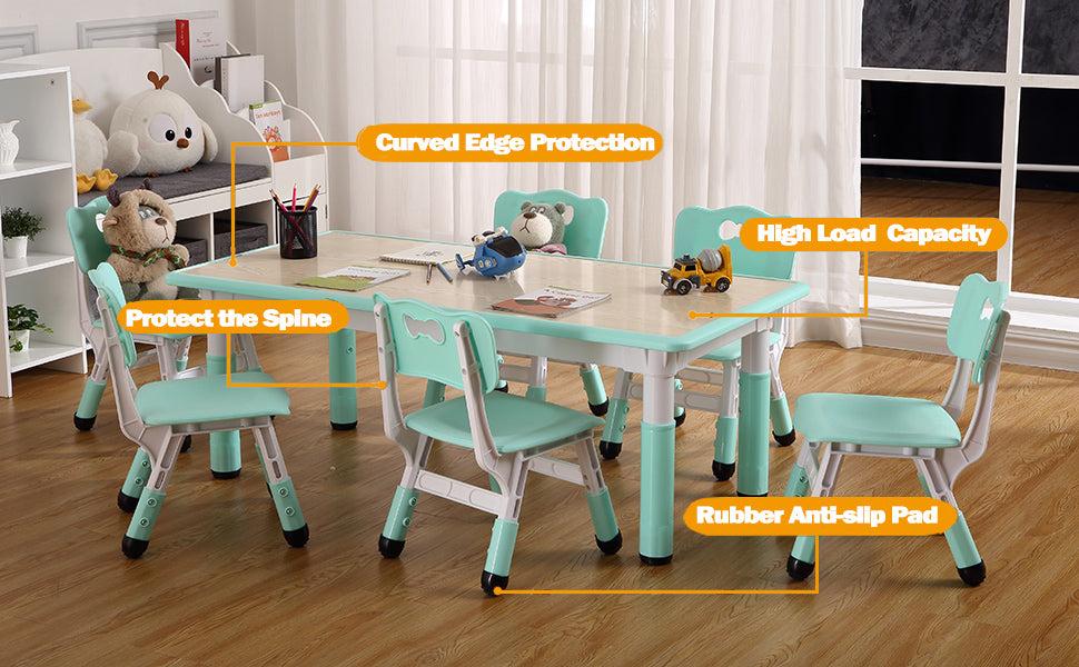 GARVEE Adjustable Table & 6 Chair Set for Home & Classroom Use, Ergonomic Design, Eco-Friendly Materials, Supports Up to 300lbs, Perfect for Arts & Crafts, Suitable for Ages 2-10, Height Adjustable for Comfort.