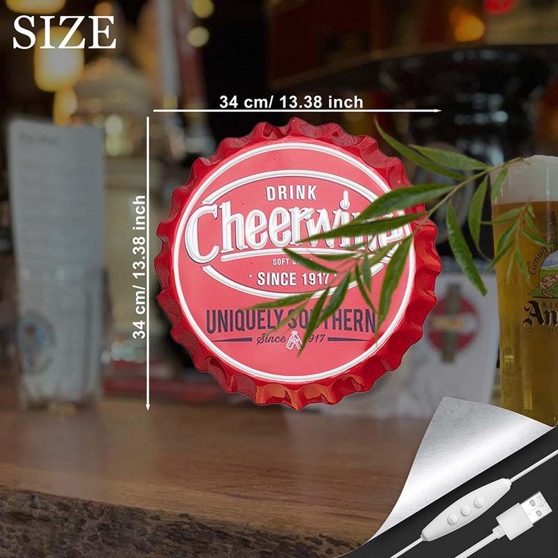 Retro Cherry Bottle Cap Neon Sign USB Powered LED Wall Decor for Home Bar Garage Man Cave Game Room Aesthetic Bedroom Night Light Party Supplies Gift