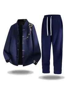 1 set of men's fashionable Casual small stand-up collar tree and flower pattern embroidered new Chinese style sleeve and collar design long-sleeved coat with comfortable straight-leg pants set, with drawstrings and pockets