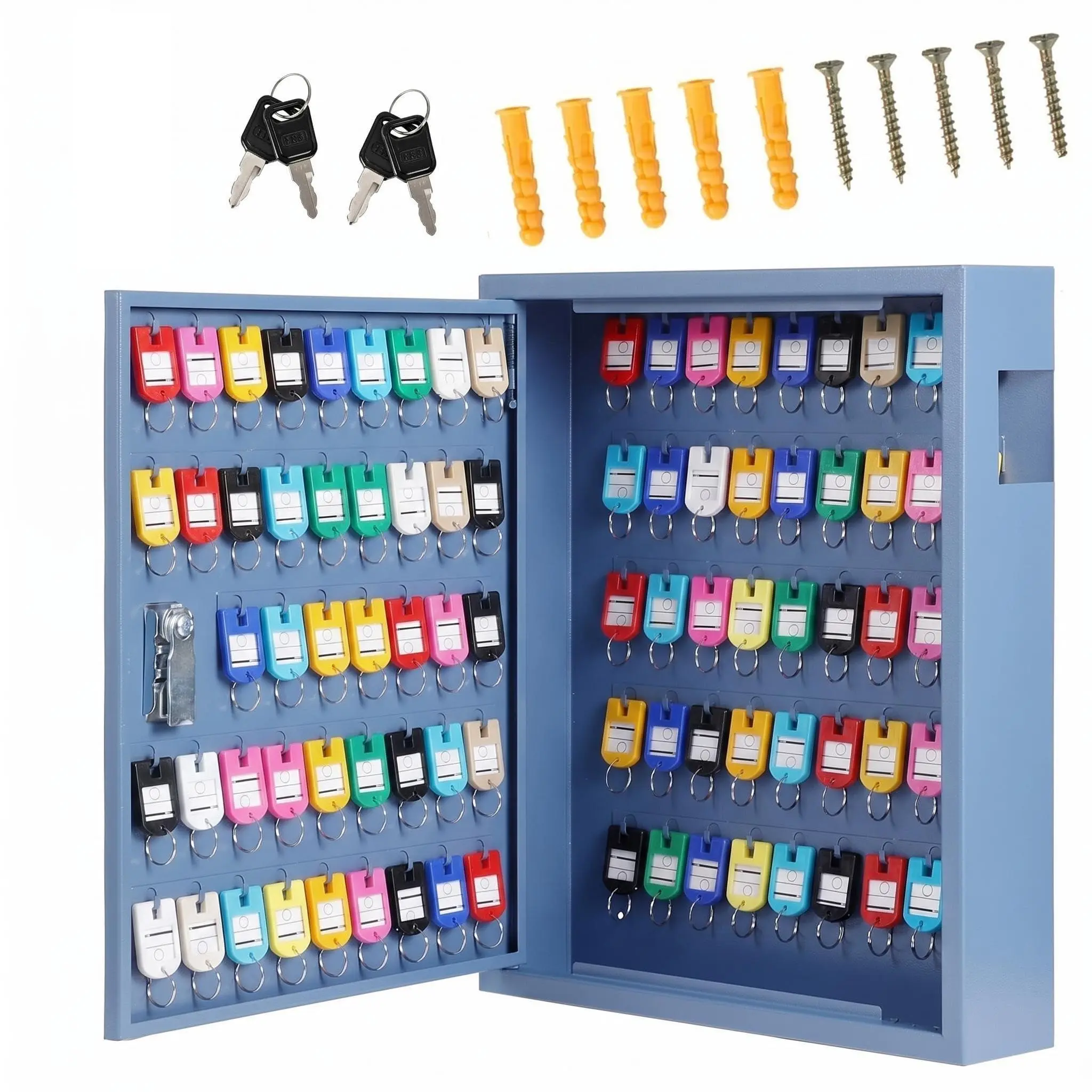 88 Key Cabinet Organizer Wall Mount, Heavy Duty Steel Key Lock Box with 88 Hooks and Colored Tags, Secure Key Storage Lockbox with 2 Keys for Office, Hotel, Valet Parking, School, Blue