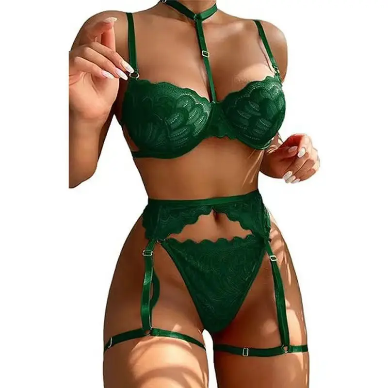 Sexy Choker Lace Scallop Sheer Underwire Push Up Garter Belt Lingerie Set 3 Piece