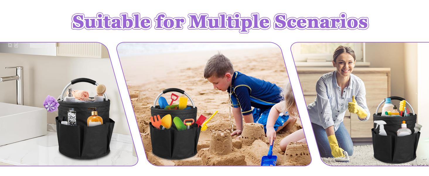 2Pcs Collapsible Cleaning Caddy with Handle, 17L Foldable Cleaning Supply Caddy, Bucket Tool Organizer in 600D Oxford Fabric, Multifunctional Storage Basket for Cleaning, Traveling, Black