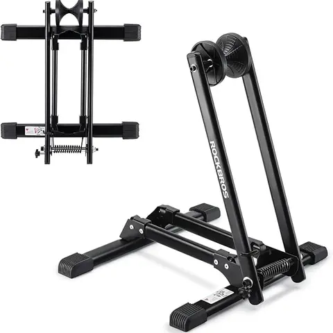 ROCKBROS Foldable Portable Bicycle Stand - Iron Construction, Rust-Resistant Spray Paint, Push-in to Park, 6lbs, 20in-29in Wheel Fit, Easy Storage Garage Floor Holder for Mountain/Road Bikes (Indoor/Outdoor Use)