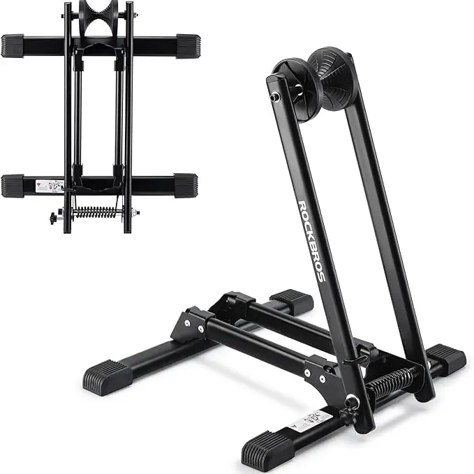 ROCKBROS Foldable Portable Bicycle Stand - Iron Construction, Rust-Resistant Spray Paint, Push-in to Park, 6lbs, 20in-29in Wheel Fit, Easy Storage Garage Floor Holder for Mountain/Road Bikes (Indoor/Outdoor Use)