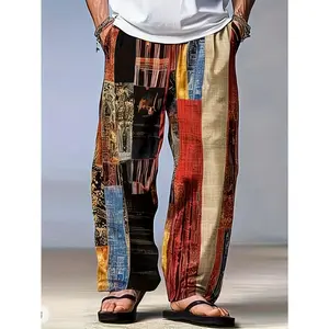 [Color-Block Patchwork Pants] Men's Casual Athletic Long Pants: Men's Color-Block Patchwork Trousers Mid-Rise Drawstring Elastic Waist Hawaiian Casual Outdoor Party Evening Festive Straight Leg Pants Summer Spring Season 3D Print Red Blue Green