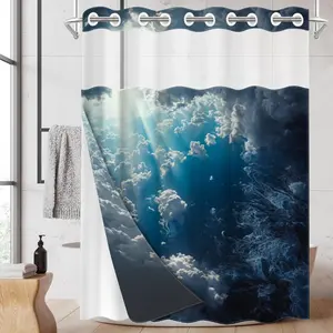 1pc hookless shower curtain with buckle lining, blue and white cloud and sunlight transmission design, 2D flat printing, waterproof fabric lining, double-layer shower curtain with see-through window effect, 71 x 74 inches, modern home draping curtain.
