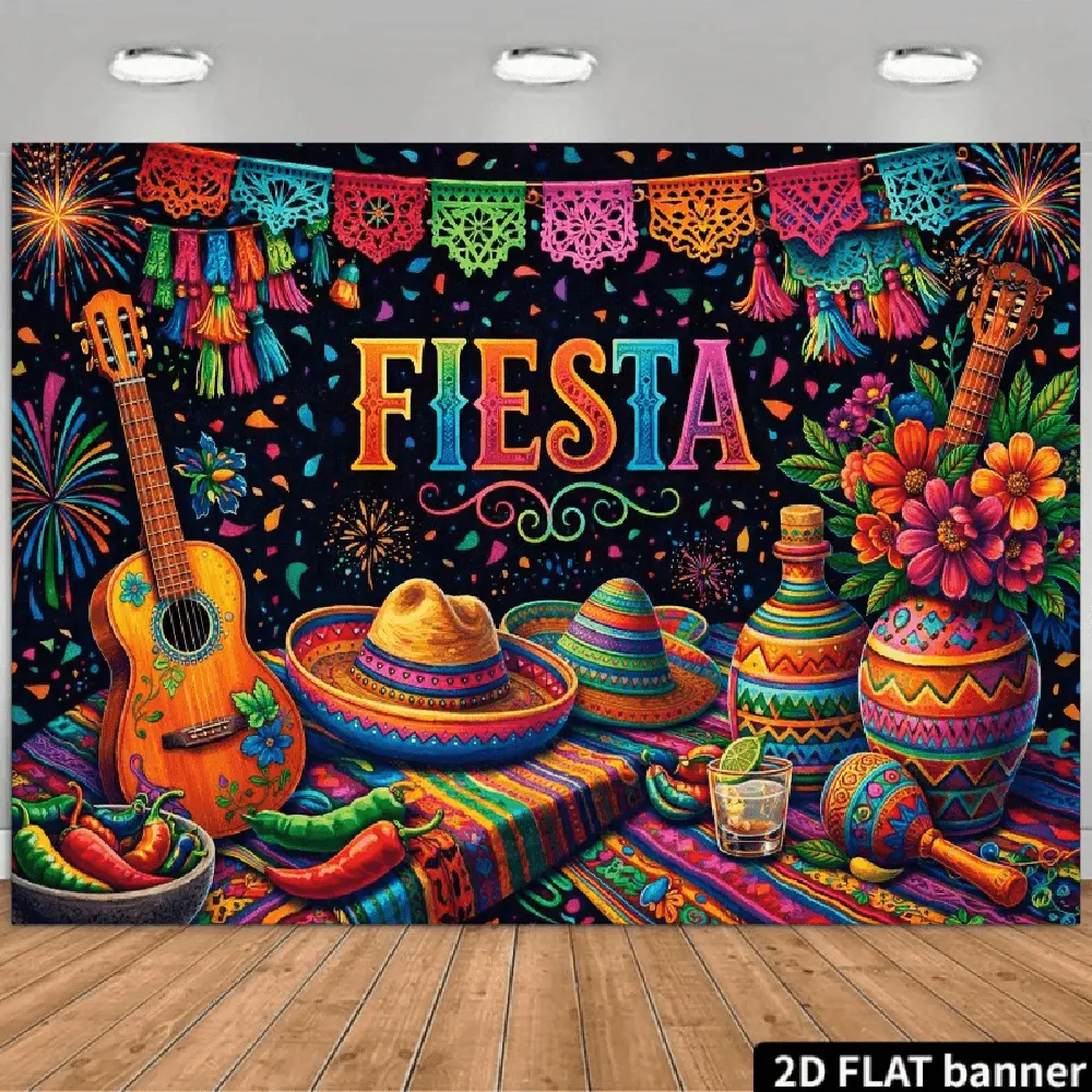 2D Flat Polyester Cloth Photography Backdrop - Colorful Mexican Fiesta Theme with Guitars, Sombreros, Maracas, Soft, Lightweight, Foldable, Machine-Washable for Photo Booth, Birthday-Themed, Hispanic Themed Festive Displays
