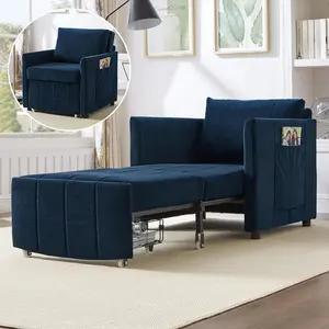 Convertible Chair Bed with a Storage Basket, 3-in-1 Pull Out Sleeper Couch with 5-Position Adjustable Backrest, Linen Folding Sofa Bed for Living Room, Apartment Blue