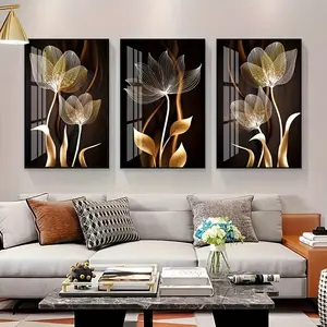 2D Flat Painting, 3-Piece Set 2D Flat Canvas Poster, Black and Gold Flower Wall Art Canvas Painting, Suitable for Living Room Decoration, Modern Abstract Design, Modern Cool Design, Frameless, Home Decoration, Bedroom Decoration