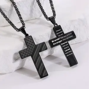 American Flag Cross Necklace for Men - Stainless Steel Bible Verse Pendant, Comfort Fit Prayer Chain Gift for Him Daily Wear Religious Patriotic Jewelry