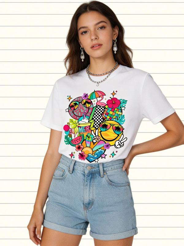 Women's Plus Size Colorful Lightweight Short Sleeve T-Shirt - Soft Cotton/Cap Sleeve Crew Neck Bow-Accented Cropped Fitted Top with Heat Transfer Smiley Print, Korean Casual Boho Summer Streetwear, Easter Basics (Do Not Bleach) Sohochic