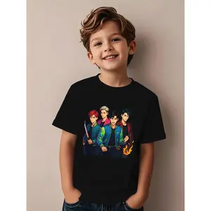Boys' K-Pop Demon Group Chat Anime Graphic T-Shirt - Soft Stretchy Round Neck Short Sleeve, 4 Character Print, Korean Style Casual Summer Top with Demon Group Design, Machine Washable Youth Fashion For School & Daily Wear, School Outfit