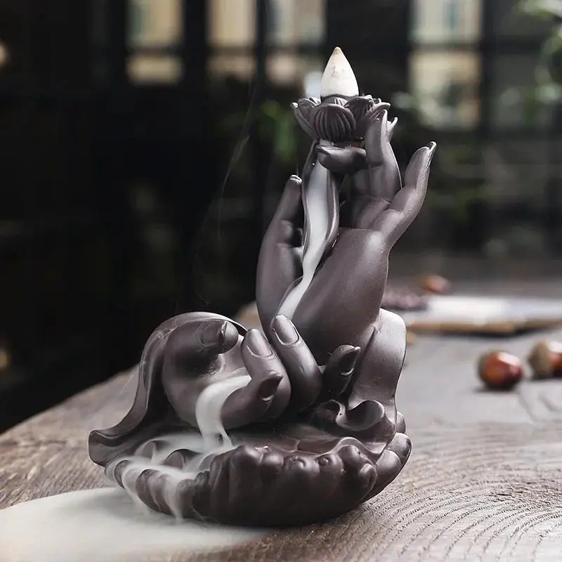 Creative Buddha Hand Design Incense Burner, 1 Count Waterfall Incense Burner, Home Decor Incense Holder, Portable Ceramic Censer, Home Decor, Freshener, Aromatherapy Scent Diffuser