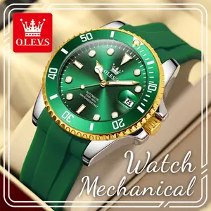 OLEVS 6650 Diver-Style Automatic Mechanical Men’s Watch, 41mm Gloss Green Dial with Large Date Window, Rotatable Bezel, Luminous Hands, Waterproof Soft Silicone Strap, Luxury Business & Outdoor Wristwatch, Ideal Birthday & Father’s Day Gift for Men
