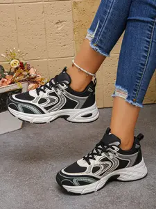 Women's New Fashion Versatile Dad Shoes, Breathable Mesh Thick Sole Casual Sports Sneakers, PU Leather, All Seasons, Less Than Ankle Height