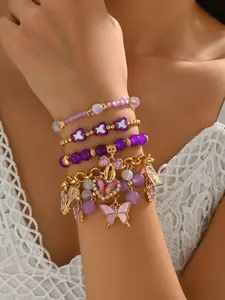 5Pcs Purple Butterfly Beaded Charm Bracelet Stack Set, Multi-Piece Stretchable Layered Bracelets with Gold Tone, Y2K Boho Style, Perfect for Daily Wear, Festival, Beach, Casual & Formal Occasions