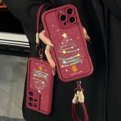 Christmas Smartphone Casing & Accessories for Women - Cute Festive Look with Christmas Tree Design, Shockproof Soft TPU Accessory with Safety Rope for iPhone 17 Air,16 Pro Max,15,14 Plus,13,12,11,XR,XS & Galaxy S25,S24,S23 Protective Devices .HY37