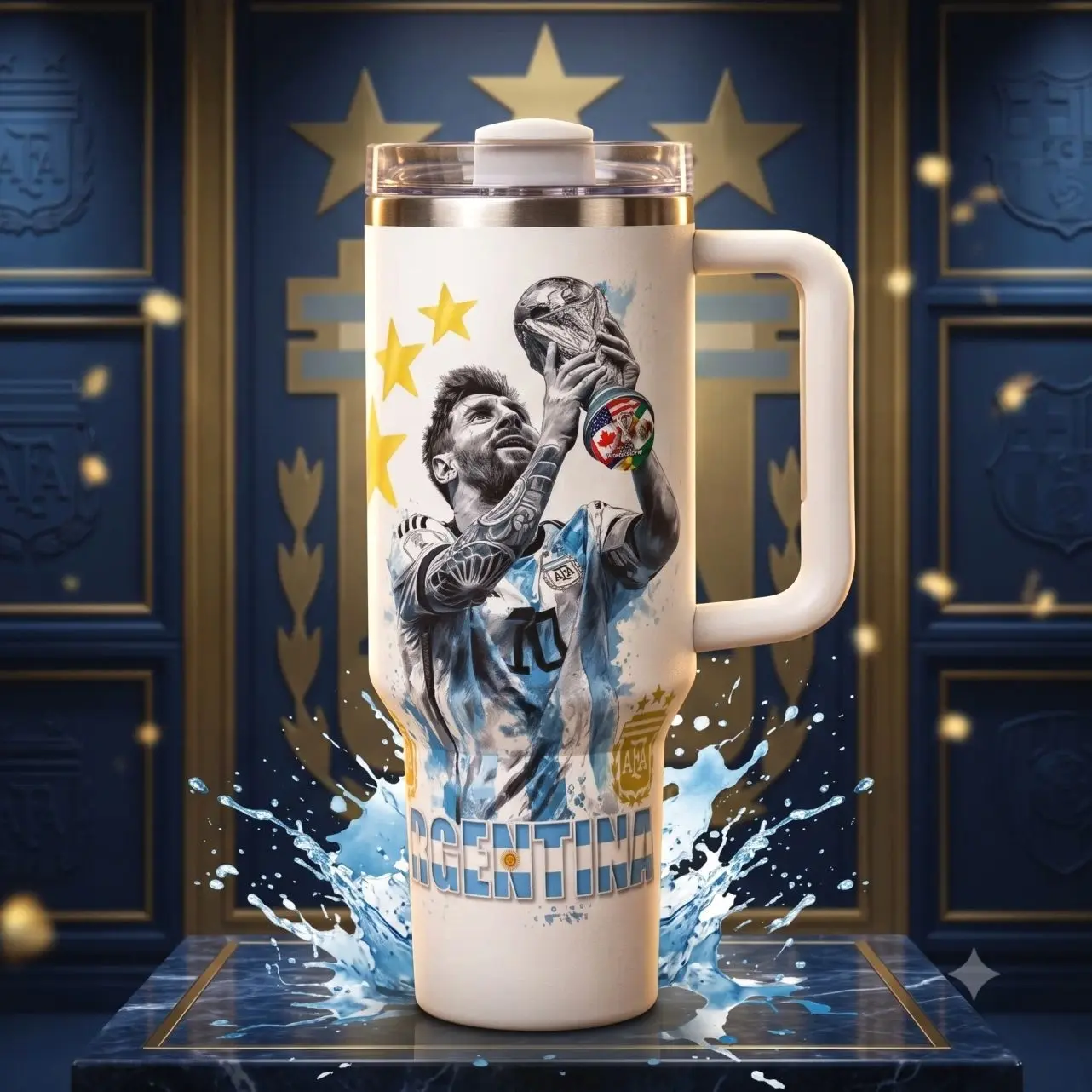 1 Pc 40oz stainless steel double wall insulated mug, Tumbler, with handle, leak proof lid travel thermal, soccer champion print, keep warm 3h cold 9h, hot cold drinks, gift for men and women, holiday, Insulated Drinkware, Insulated Water Bottle