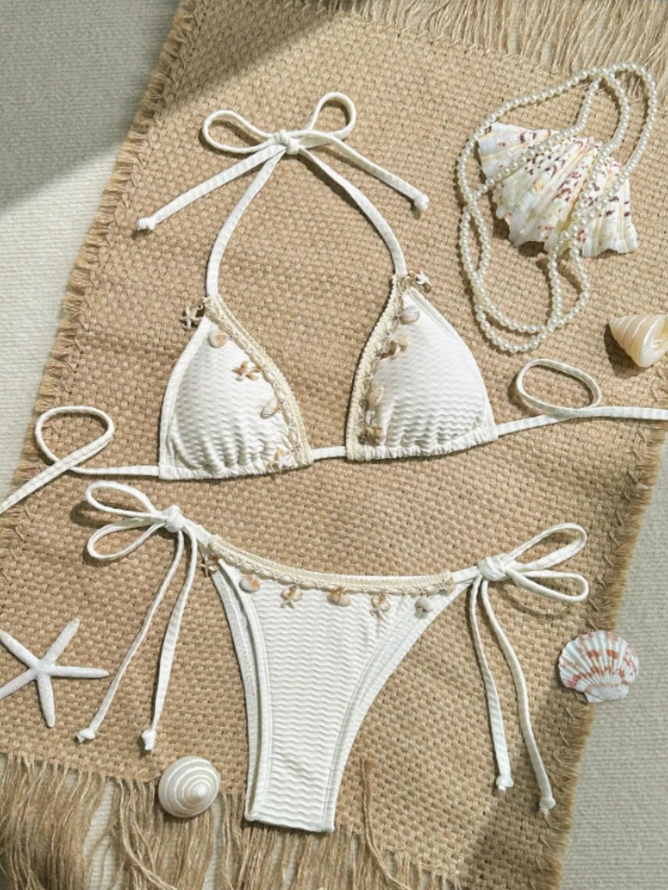 Women's Bikini Set with Shell Decoration, Sexy Triangle Top & Tie-Side Bottoms, Bohemian Summer Beach Style for Vacation & Pool Party, Spaghetti Strap Bikini, Tie Swimwear, Bikinis Sets