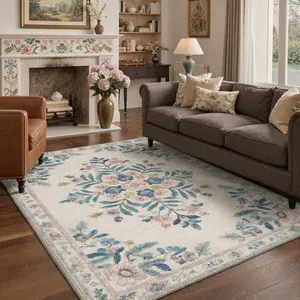 【Summervibes】GENIMO Area Rug – Pet Friendly, Soft, Machine Washable, Non-Slip Area Rug, Perfect Carpet for Living Room, Bedroom, Kitchen, Hallway, Modern Stylish Home Decor ,ARP2609-BLOOM