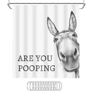 Funny 'Are You Pooping?' Donkey Shower Curtain - Humorous Bathroom Decor, Waterproof Polyester with Hooks | Modern Farm Animal Design Whimsical Gif