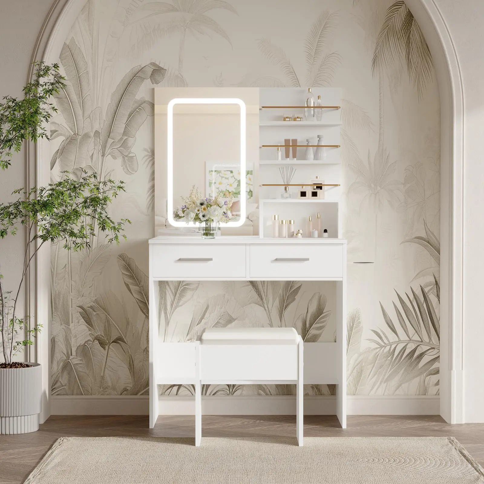 Garvee Makeup Vanity Table with Mirror and Adjustable LED Lights, 2 Drawers, Open Storage Shelves, Cabinet, and 3 Brightness Modes for Organized Beauty Space