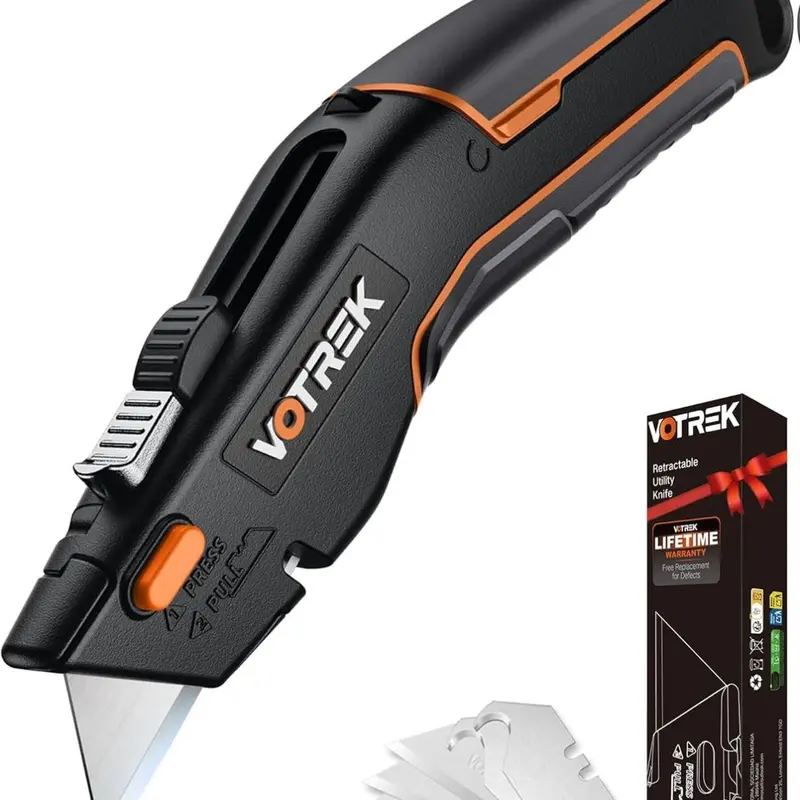 VOTREK 2-in-1 Retractable Heavy-Duty All-Metal Safety Razor Multitool Box Cutter Utility Knife - Blade Storage, Extra Blades - Home, Warehouse, Kitchen, Office Use - Adult Christmas/Birthday Gift