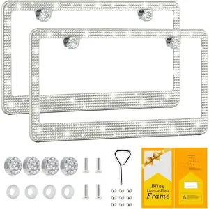 Bling License Plate Frame for Women,2 Pack  Stainless Steel Rhinestone  License Plate Holder,Handmade Glitter   Girl Lincense Plate Cover,Bedazzled Sparkly Caps-White