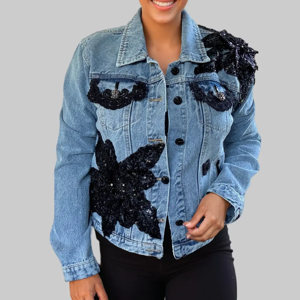 Missey & Daff Lace Crystal & Sequin Appliqued Fitted Denim Jacket with Gemstone Accents Long Sleeve Casual All Seasons Medium Length