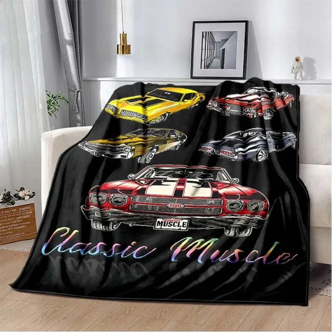 Classic Muscle Car Flannel Throw Blanket, Soft Warm Lightweight Fleece, Vintage Automotive Decor for Bed Sofa Couch Man Cave Garage, Ideal Birthday Christmas Gift For Car Lovers Men