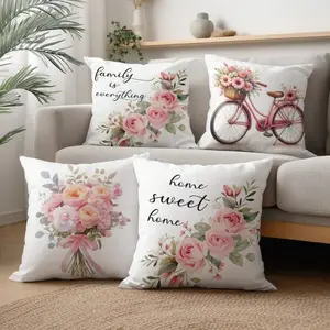 4pcs Minimalist Spring Floral Decorative Pillow Case Set, Single-Sided Soft Peach Velvet Fabric, 45*45CM Cushion Cover Suitable For Room, Indoor Sofa, Living Room, Party Decor, Decorative Pillow Gift