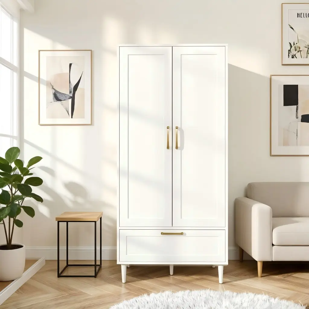 White Armoire Wardrobe Closet - Freestanding Indoor Storage Cabinet with Hanging Rod, Large Drawer, Gold Handles for Bedroom, Modern Living Room Cupboard Organizer