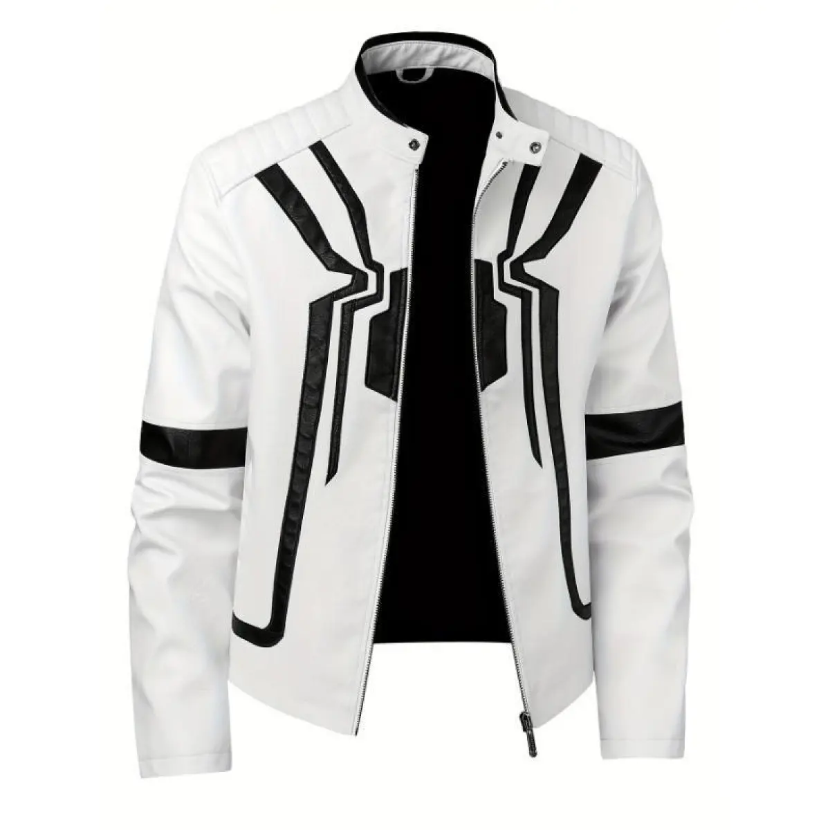 2026 Men'S Color-Blocked Spider Pattern Stylish Faux PU Jacket with Multiple Pockets, Featuring a Trendy Street Style Classic Pilot Motorcycle Design.casual solid, stylish design
