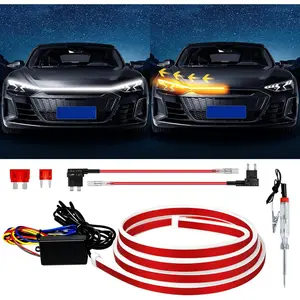 79in Dual-Color Amber-White Switchback Glow Car Silicone LEDs Strip - Easy Install Kit, Flexible Strip, Dynamic Scan-Up Hood Light, Sequential Flowing Turn Signal Sync, DRL Daytime Running Light, 12V Universal Exterior Fit (1 Set)