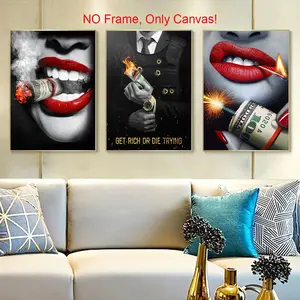 Red Lip Patterned Canvas Poster without Frame, Unframed Wall Art, 3 Counts/set Creative Wall Art Painting, Wall Decor for Living Room, Bedroom, Office, Kitchen