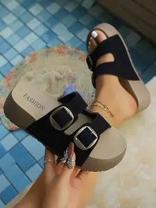 Women's 2026 Hot Trending Platform Wedge Slide Sandals, Suede-Like Open Toe Double Buckle Strap Slippers, Comfort Thick Sole Footwear for Summer, Beach & Daily Occasions, Fashion Shoes for Women & Girls, Higher Platform Sandals