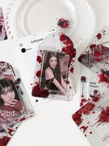 Dark Blood Rose Card Case, Korean Entertainment Small Card Gulu Keychain, Transparent with Chain and Glitter, Fan Card Holder, Id Card Holder