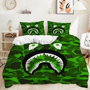Stylized Shark Mouth Duvet Cover Set with Bold Black and White Design on Vibrant Green Camouflage Background, Perfect for Unique Bedroom Décor. Soft and Cozy Bedding Set for All Ages. (1* Quilt Cover + 1/2* Pillowcases, Pillow Not Included)