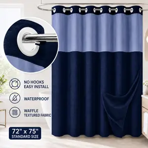 Blue Hookless Waffle Fabric Shower Curtain, 72x75 Inch, Mesh Top Window, Waterproof & Washable, Easy Installation, Modern Hotel-Style Bathroom Decor