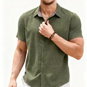 Mens Linen Shirt Casual Short Sleeve Button Down Shirts Summer Beach Vacation Tops