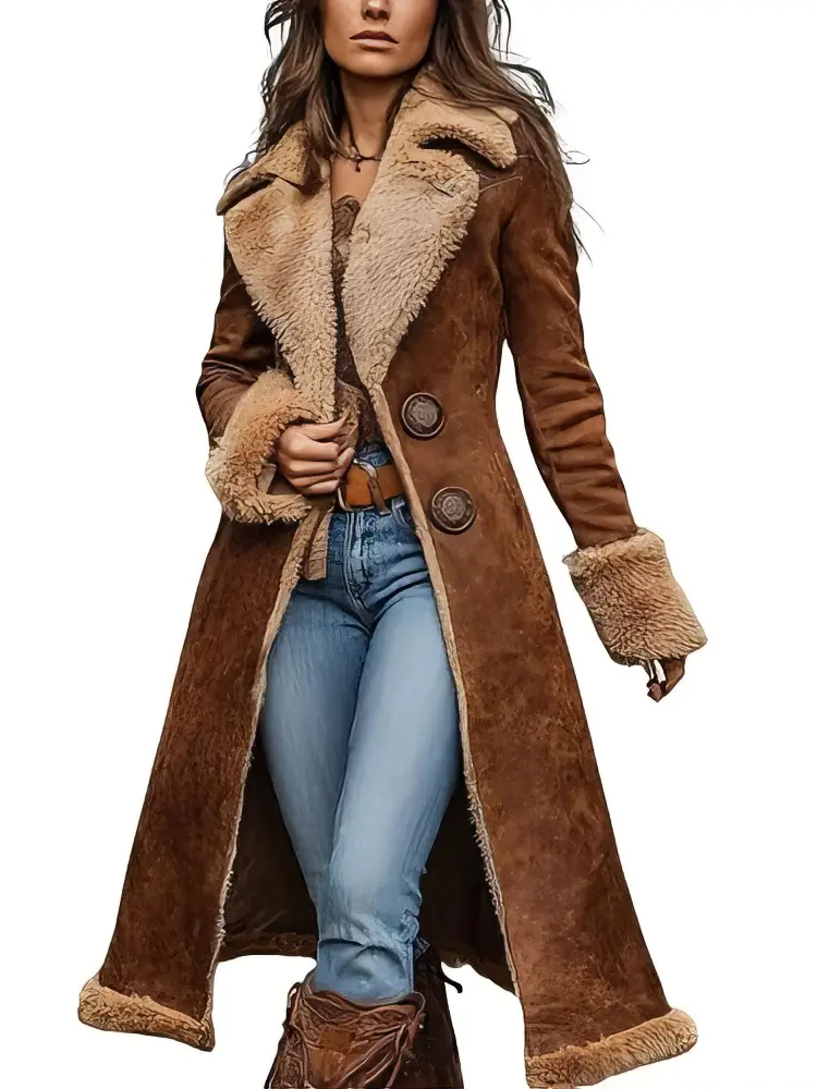 UTCOCO Women's Faux Suede Shearling Jacket Coat with Lapel Fleece Long Sleeve Vintage Western Winter Outerwear